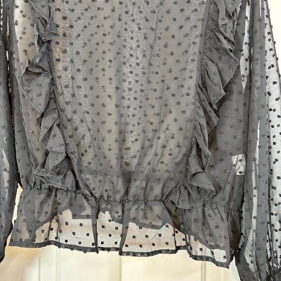 Black Sheer Swiss Dot Ruffle Trim Flounce Sleeve Top - Picture 6 of 13
